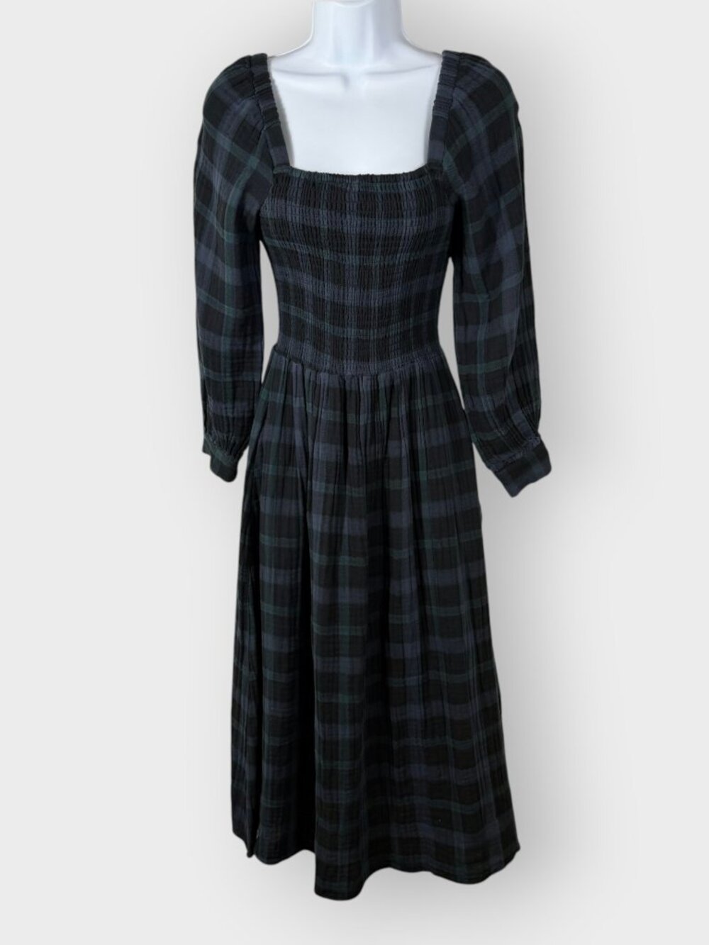 Madewell Lucie Smocked Midi Dress | XXS | Plaid Double Gauze | Cottage Prairie